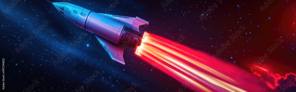 Poster spacecraft takes off into space in a 3d cartoon rendering