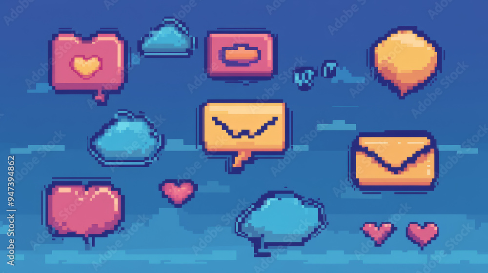 Poster 8-bit pixel art speech bubbles and message dialog boxes, vector icons designed for computer games. i