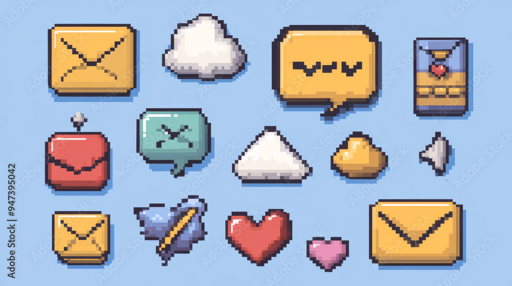 Poster 8-bit pixel art speech bubbles and message dialog boxes, vector icons designed for computer games. i