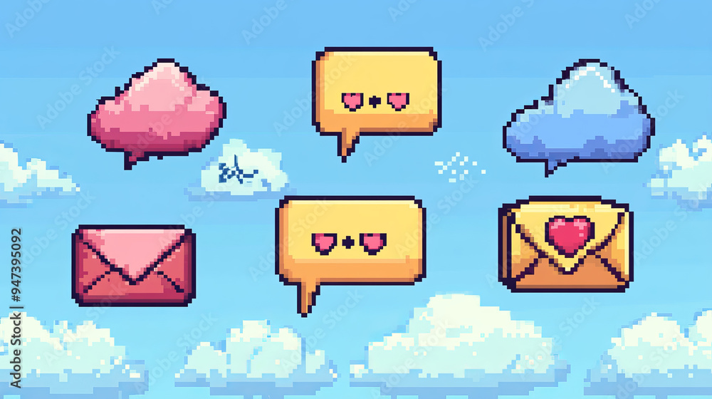 Poster 8-bit pixel art speech bubbles and message dialog boxes, vector icons designed for computer games. i