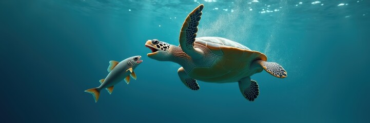 Fototapeta premium A captivating underwater scene featuring a turtle and a fish, showcasing the beauty of marine life in crystal-clear waters.
