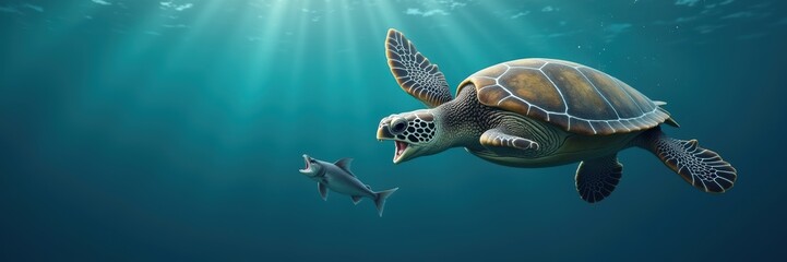 Obraz premium Captivating underwater scene featuring a sea turtle and a shark, showcasing the beauty of marine life in their natural habitat.