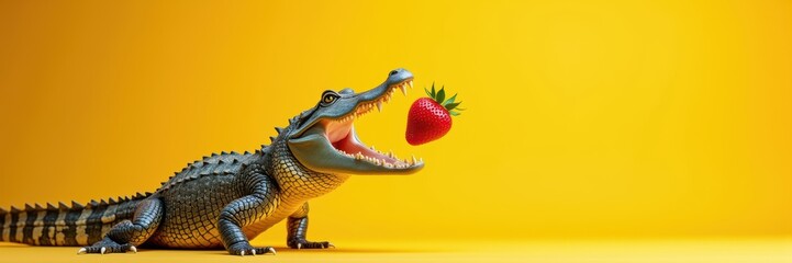 Naklejka premium Whimsical crocodile toy playfully holds a strawberry against a vibrant yellow background, perfect for marketing, children’s products, or food-related projects.