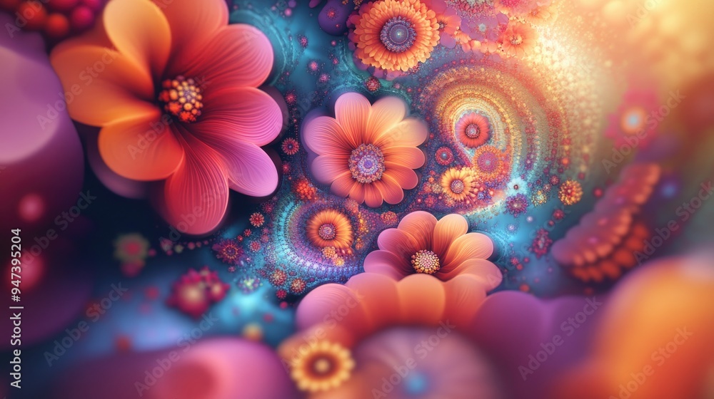 Poster Abstract fractal patterns and shapes in dynamic flowing forms featuring flowers and spirals depicted in a 3D cartoon rendering Mysterious psychedelic relaxation design