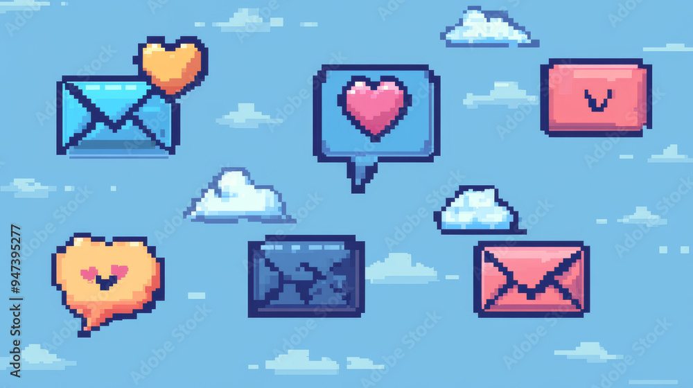 Poster 8-bit pixel art speech bubbles and message dialog boxes, vector icons designed for computer games. i