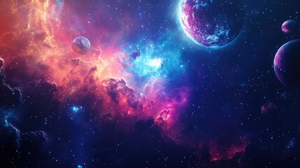 Abstract colored space background in a 3D cartoon rendering science fiction wallpaper featuring a fantastic galaxy star explosions and planets from a distant solar system