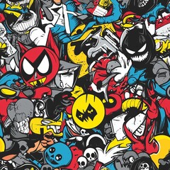 Obraz premium Seamless pattern of graffiti-style comic characters and icons 