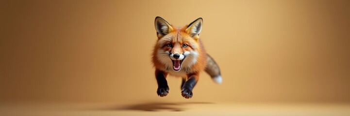 A dynamic image of a jumping fox on a warm background, perfect for nature, wildlife, and advertising themes. Ideal for businesses focused on pets, conservation, or adventure.