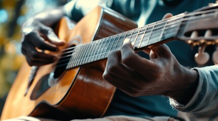 Fototapeta premium Close-up of a man's hand playing an acoustic guitar