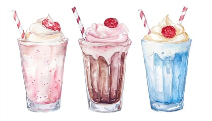 Three colorful milkshakes in glass cups, featuring whipped cream and cherries, perfect for summer refreshment and dessert inspiration.