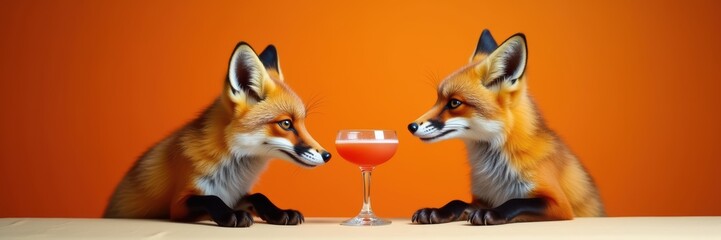 Obraz premium Two playful foxes enjoy a drink together against a vibrant orange backdrop, perfect for marketing, beverage, or wildlife-themed projects.