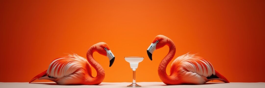 Vibrant pink flamingos symbolize summer fun and tropical vibes, contrasting beautifully against a bold orange backdrop. Perfect for party invitations, marketing, or decor.