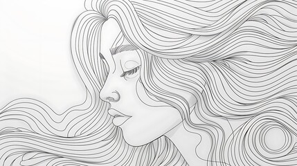 Fototapeta premium An elegant line art portrait of a lady with her hair gently flowing, using thin, continuous lines to depict her calm and thoughtful expression on a simple background. 8k UHD, suitable for high-quality