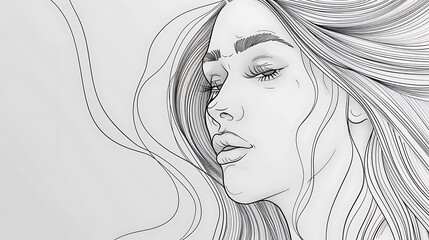 Fototapeta premium An elegant line art portrait of a lady with her hair gently flowing, using thin, continuous lines to depict her calm and thoughtful expression on a simple background. 8k UHD, suitable for high-quality