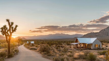 Desert Cabin Sunset Landscape with Joshua Trees
