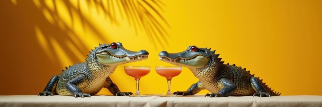 Playful crocodiles clink cocktail glasses against a vibrant yellow background, perfect for summer promotions, fun events, or playful marketing campaigns.