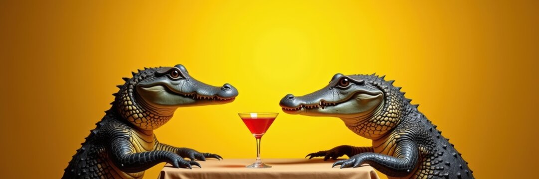 Playful alligators enjoying cocktails at a table, perfect for adding humor to food and beverage promotions or party event themes.