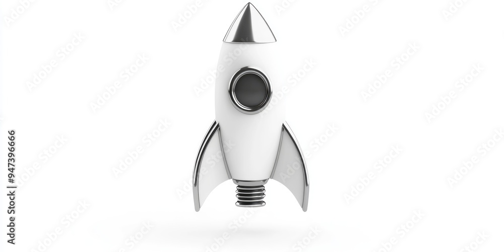 Poster monochrome illustration of a rocket icon in a 3d cartoon rendering against a white background