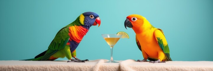 Fototapeta premium Two vibrant parrots enjoy a colorful cocktail, set against a bright backdrop. Perfect for themes of friendship, celebration, and tropical vibes.