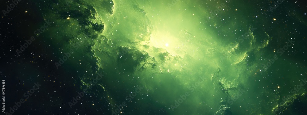 Poster Bright green galaxy outer space background in 3D cartoon rendering