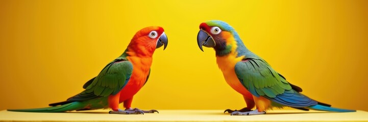 Fototapeta premium Colorful parrots interacting against a vibrant yellow background, perfect for nature, wildlife, or pet-related projects.