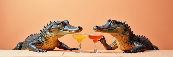 Obraz premium Two playful alligators clink glasses of colorful cocktails, perfect for adding a fun twist to marketing materials or party invitations.