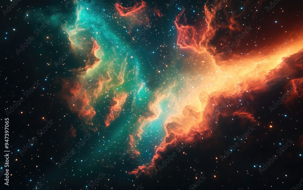 Poster 8k illustration of a nebula in black green blue and red space created with 3d cartoon rendering