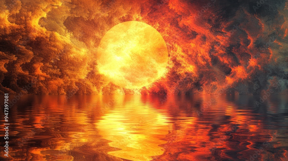 Fototapete Fractal image depicting an abstract representation of the sun reflected in water created in 3D cartoon rendering