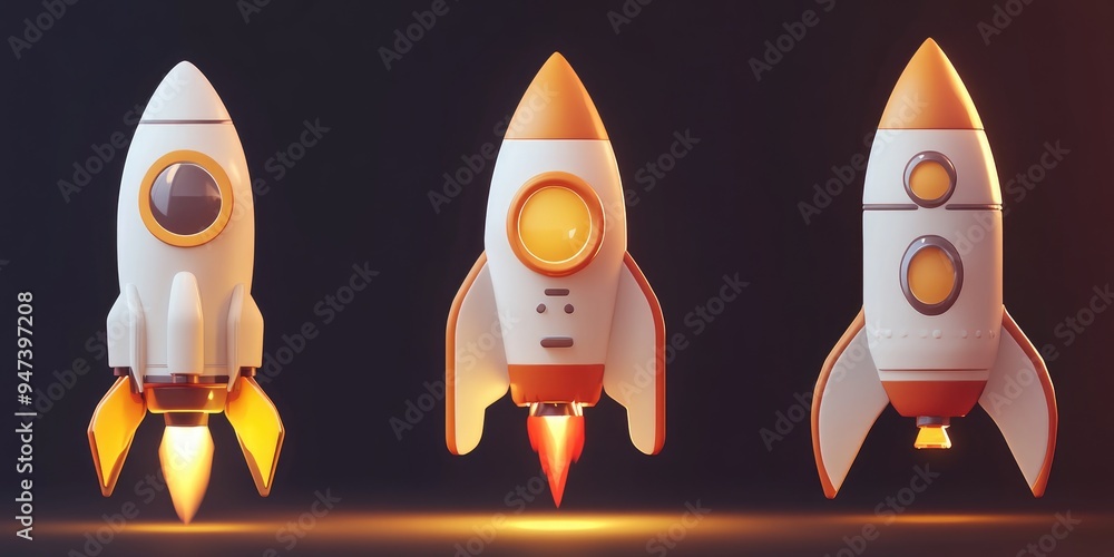 Aufkleber rocket icon set illustration in 3d cartoon rendering symbols and signs for startups featuring a rock