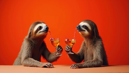 Two cheerful sloths clink glasses in celebration against a vibrant orange background, embodying a playful and relaxed vibe perfect for marketing, events, and social media.