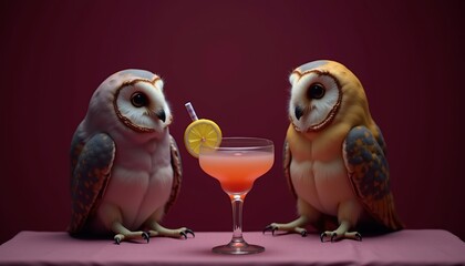Two charming owls enjoy a cocktail, blending whimsy and creativity. Perfect for marketing, social media, or print materials related to fun events or nightlife.