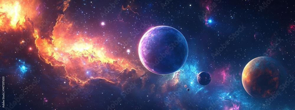 Aufkleber Abstract forms and planets in a background design created with 3D cartoon rendering featuring a stunning explosion of stars in a fantastic galaxy Panoramic view of celestial bodies in space