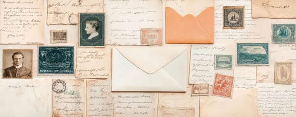 A collage of old letters, stamps, and postcards from different eras, collage, letters, vintage