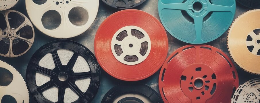 A collage of vintage movie stills layered with film reels and cinematic elements, collage, movie, vintage