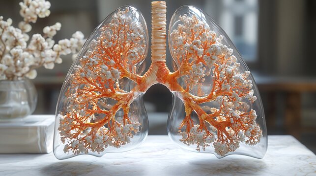 A highly realistic 3D model of lungs with a transparent cutaway view, showing the bronchial tree and alveoli structure.