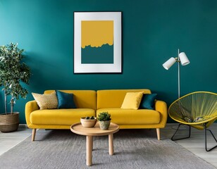 Vibrant yellow sofa and chair near teal wall with poster frame. Scandinavian interior design of modern living room.