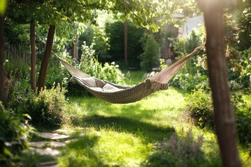 A peaceful garden with a hammock, plants, and soft sunlight, symbolizing the serenity and balance that come with a lifestyle connected to nature and relaxation