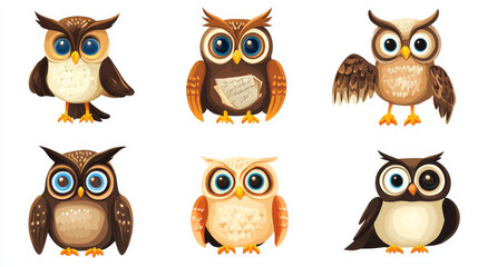 A collection of cartoon owl illustrations, each symbolizing wisdom and education. These whimsical birds are presented in various poses and expressions, making them ideal for educational themes, logos.