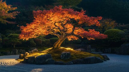 A lonely illuminated tree with autum colors in the Zen garden of Ginkaku-ji Jisho-ji, Kyoto, Honshu, Japan, Asia