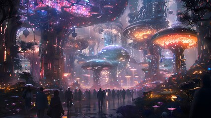 Fototapeta premium Futuristic Cityscape with Bioluminescent Mushrooms.