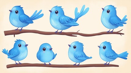 Adorable blue birds in cartoon style, digitally drawn with subtle color gradients. Each element is...