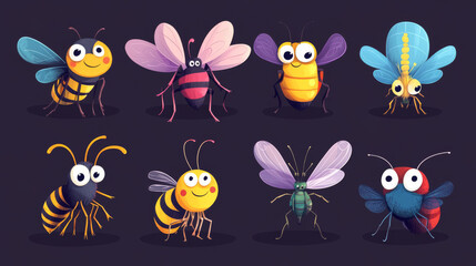 Cartoon characters of various insects, including bees, bugs, butterflies, caterpillars, flies, ladybugs, spiders, mosquitoes, wasps, ants, bumblebees, dragonflies, and hornets. Colorful and humorous.