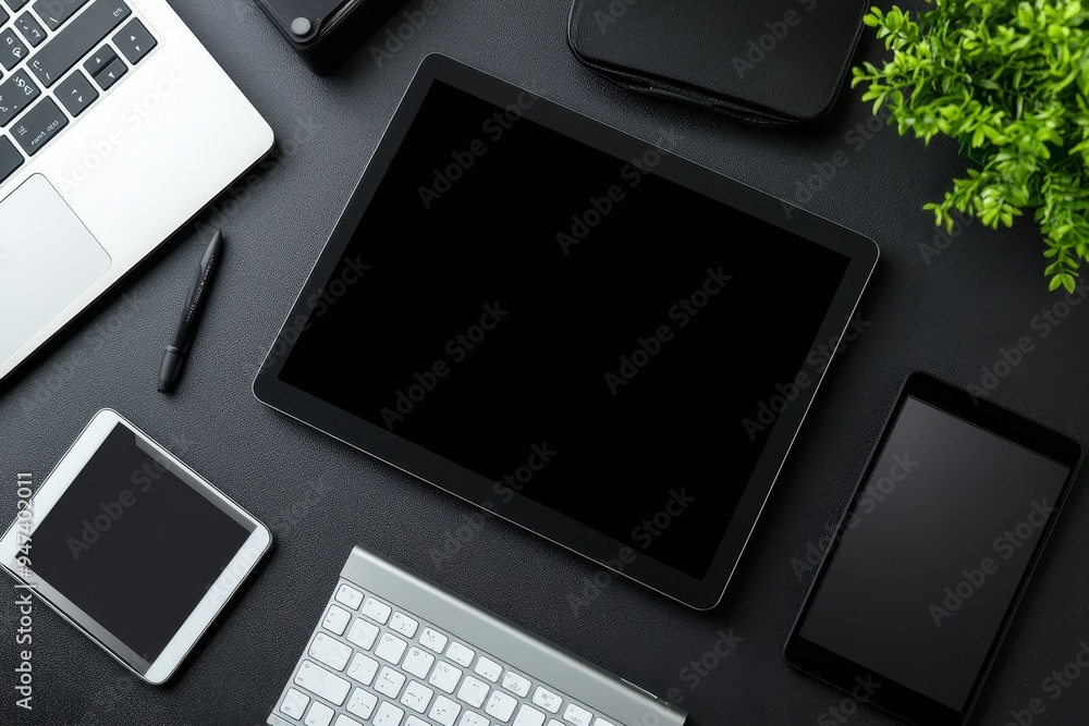 Poster a minimalist workspace with a desktop computer, wireless peripherals, and a tablet, symbolizing the 