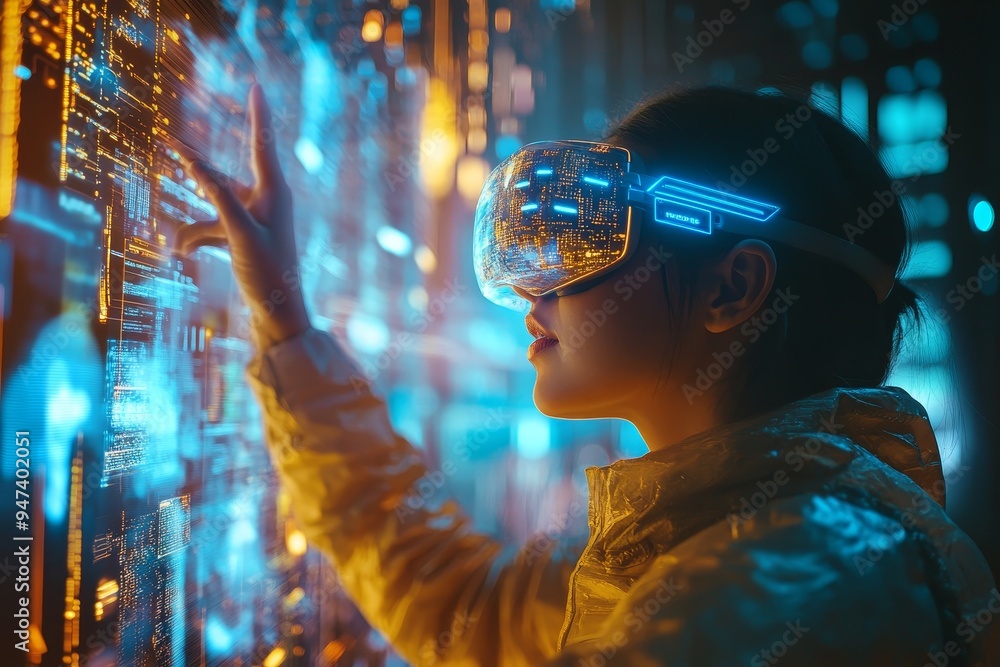 Poster a person wearing augmented reality glasses, interacting with digital objects in a real-world environ