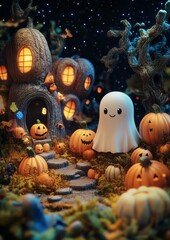 Whimsical Halloween Cartoon Scene with Friendly Ghost and Mischievous Pumpkins in Magical Pumpkin Patch - 3D Illustration