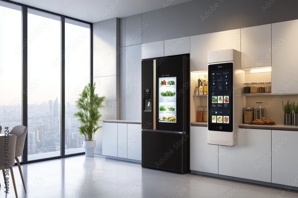 Poster a smart refrigerator displaying recipes and grocery lists on its touchscreen, symbolizing the integr