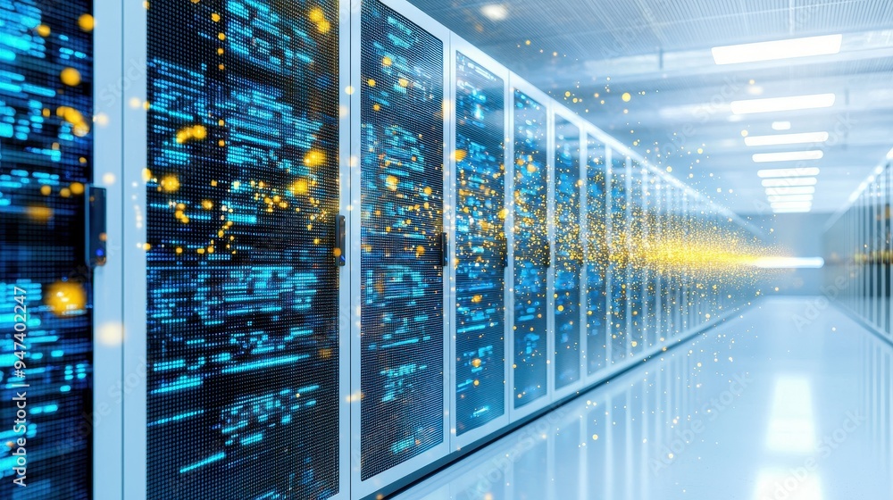 Aufkleber server room with data flow and glowing particles