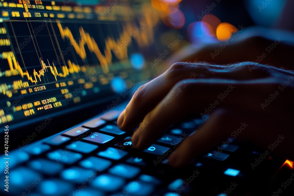 Poster a trader's hands typing rapidly on a keyboard, with stock charts and financial data filling the scre