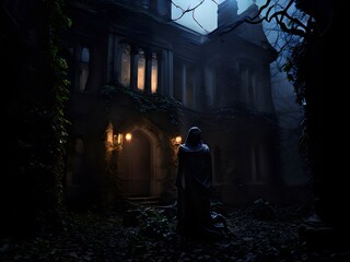 Naklejka premium Halloween photo set at night with lights and moonlight