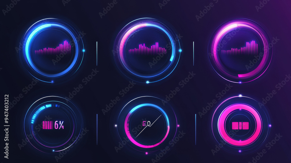 Aufkleber progress indicators, including load or download and upload icons for websites, vector circular graph